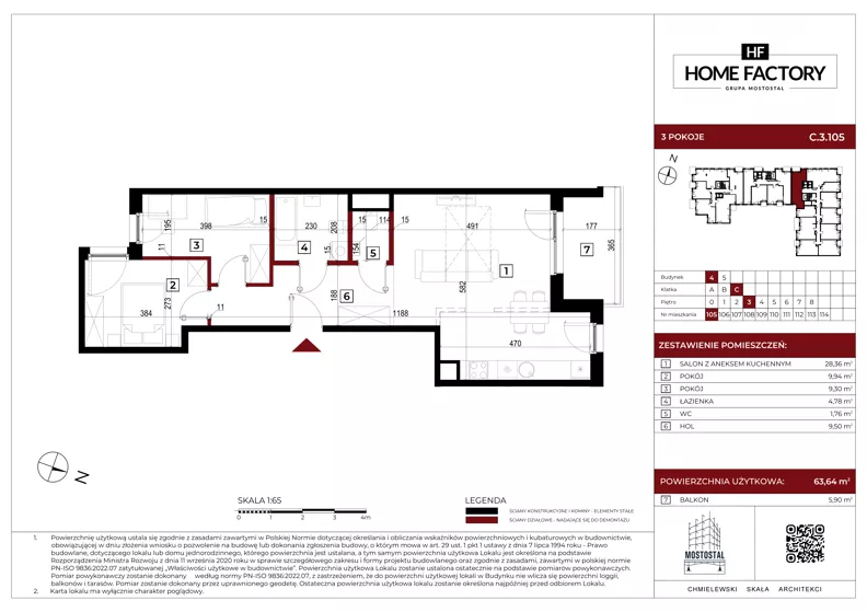 3 pokoje, mieszkanie 63,64 m², piętro 3, oferta nr C.3.105, Home Factory etap IV, Warszawa, Praga Północ, Pelcowizna, ul. Kotsisa