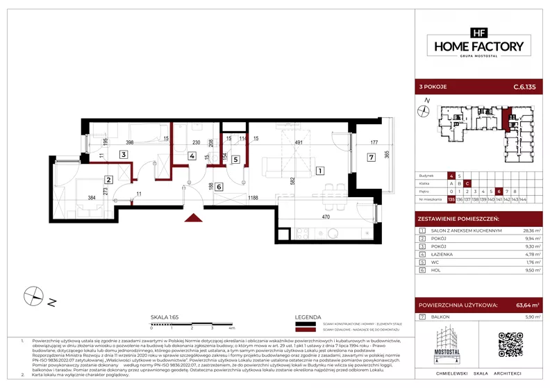3 pokoje, mieszkanie 63,64 m², piętro 6, oferta nr C.6.135, Home Factory etap IV, Warszawa, Praga Północ, Pelcowizna, ul. Kotsisa