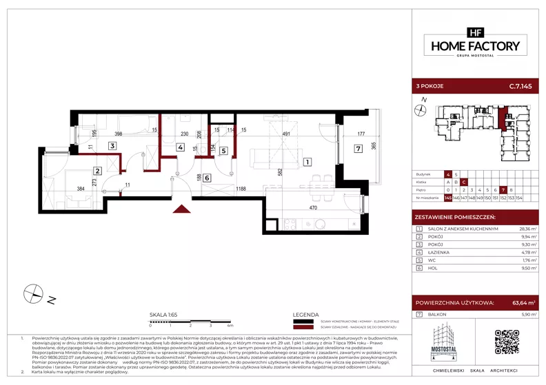 3 pokoje, mieszkanie 63,64 m², piętro 7, oferta nr C.7.145, Home Factory etap IV, Warszawa, Praga Północ, Pelcowizna, ul. Kotsisa