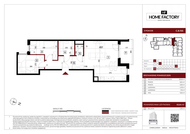 3 pokoje, mieszkanie 63,64 m², piętro 8, oferta nr C.8.155, Home Factory etap IV, Warszawa, Praga Północ, Pelcowizna, ul. Kotsisa