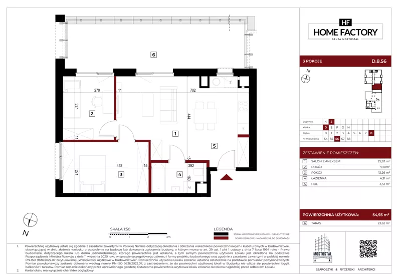 3 pokoje, mieszkanie 54,94 m², piętro 8, oferta nr D.8.56, Home Factory etap V, Warszawa, Praga Północ, Pelcowizna, ul. Kotsisa