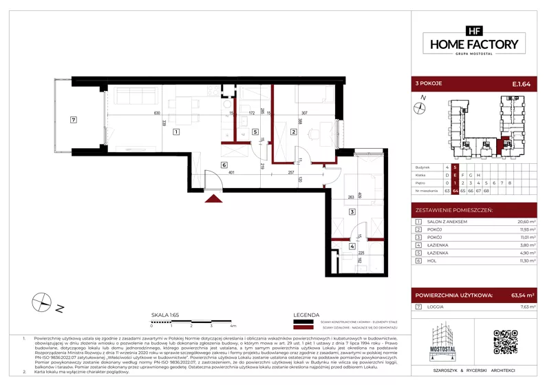 3 pokoje, mieszkanie 63,54 m², piętro 1, oferta nr E.1.64, Home Factory etap V, Warszawa, Praga Północ, Pelcowizna, ul. Kotsisa