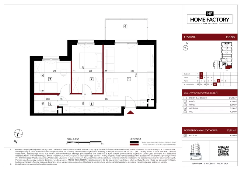 3 pokoje, mieszkanie 53,90 m², piętro 6, oferta nr E.6.98, Home Factory etap V, Warszawa, Praga Północ, Pelcowizna, ul. Kotsisa