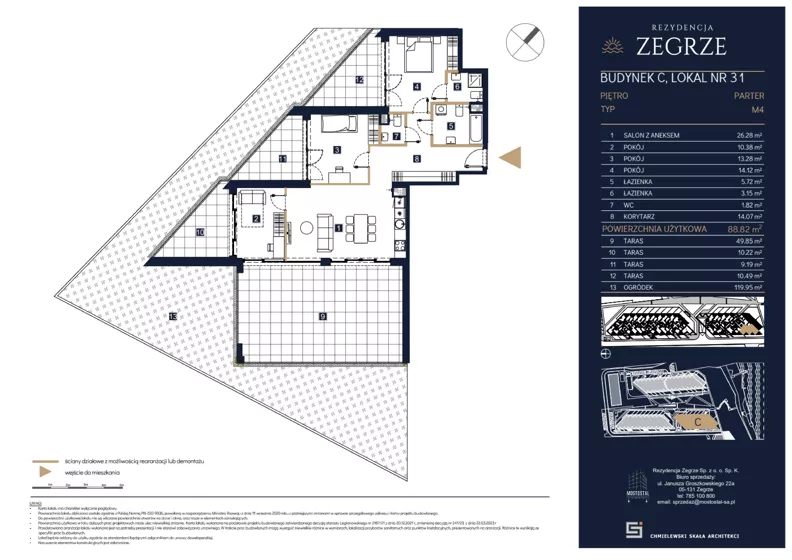 4 pokoje, mieszkanie 88,82 m², parter, oferta nr C31, Rezydencja Zegrze III, Zegrze, ul. Groszkowskiego 22A