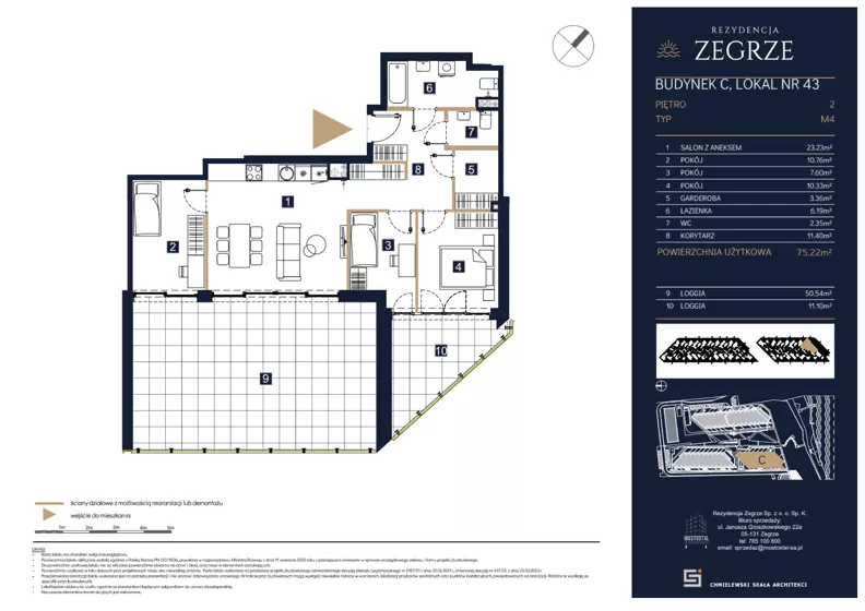 4 pokoje, mieszkanie 75,22 m², piętro 2, oferta nr C43, Rezydencja Zegrze III, Zegrze, ul. Groszkowskiego 22A