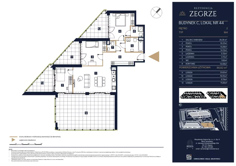 4 pokoje, mieszkanie 88,82 m², piętro 2, oferta nr C44, Rezydencja Zegrze III, Zegrze, ul. Groszkowskiego 22A