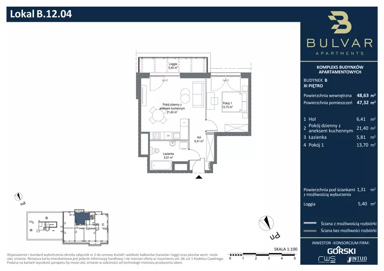 2 pokoje, apartament 47,32 m², piętro 11, oferta nr B.12.04, Bulvar Apartments, Gdańsk, Przymorze, ul. Czarny Dwór