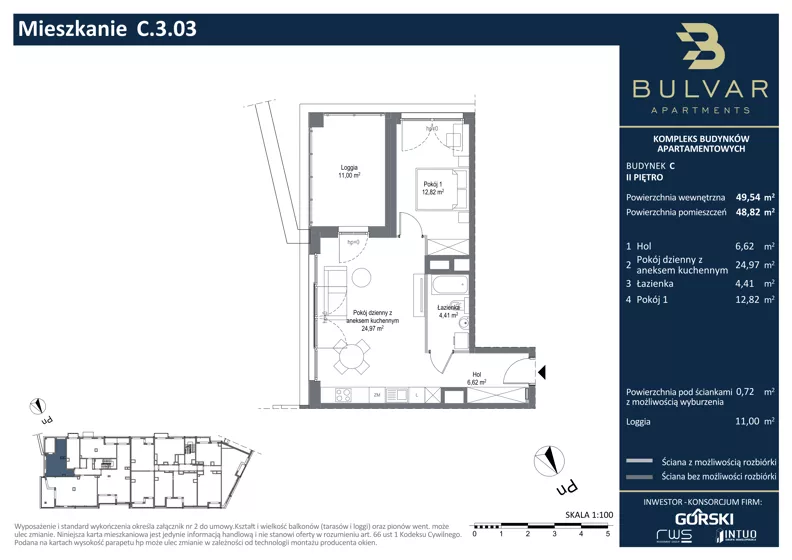 2 pokoje, apartament 48,82 m², piętro 2, oferta nr C.3.03, Bulvar Apartments, Gdańsk, Przymorze, ul. Czarny Dwór