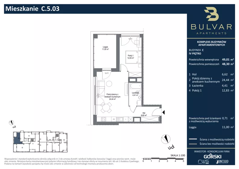 2 pokoje, apartament 48,30 m², piętro 4, oferta nr C.5.03, Bulvar Apartments, Gdańsk, Przymorze, ul. Czarny Dwór