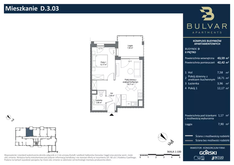 2 pokoje, apartament 42,42 m², piętro 2, oferta nr D.3.03, Bulvar Apartments, Gdańsk, Przymorze, ul. Czarny Dwór