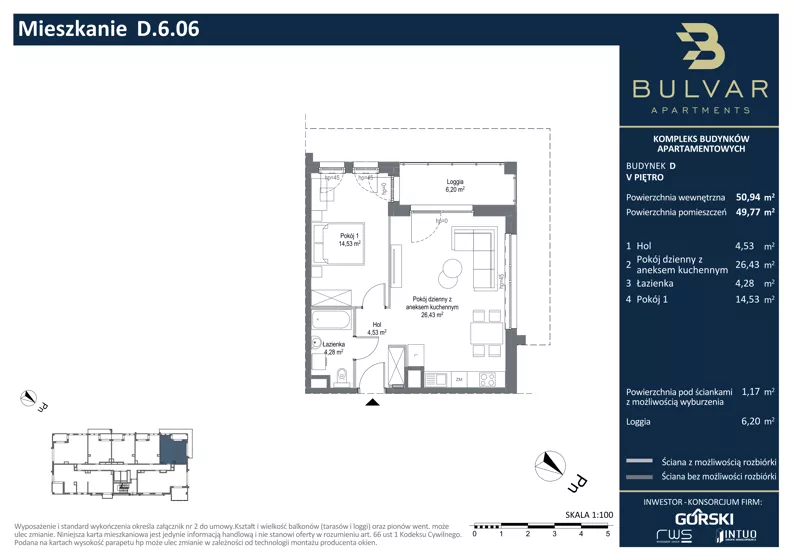 2 pokoje, apartament 49,77 m², piętro 5, oferta nr D.6.06, Bulvar Apartments, Gdańsk, Przymorze, ul. Czarny Dwór