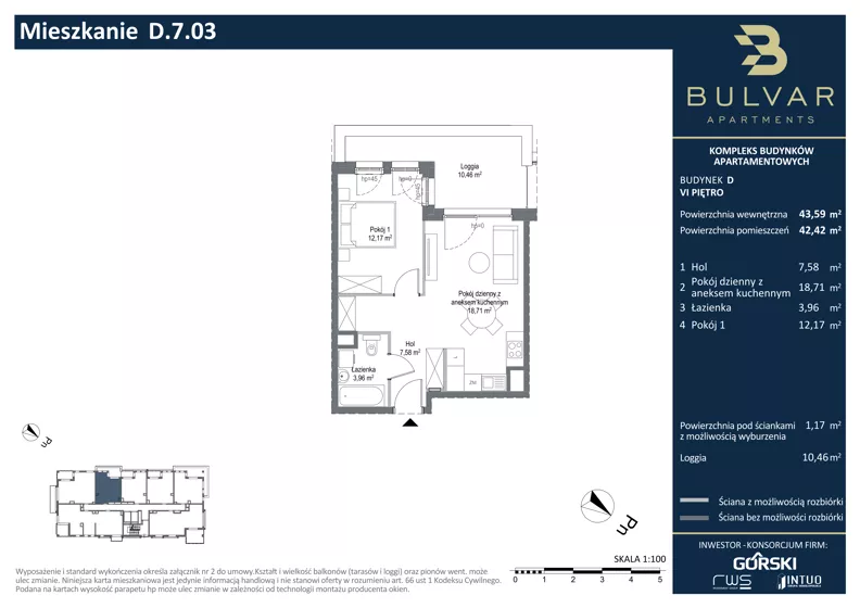 2 pokoje, apartament 42,42 m², piętro 6, oferta nr D.7.03, Bulvar Apartments, Gdańsk, Przymorze, ul. Czarny Dwór
