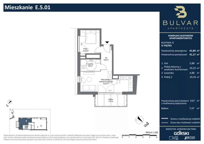 2 pokoje, apartament 41,17 m², piętro 4, oferta nr E.5.01, Bulvar Apartments, Gdańsk, Przymorze, ul. Czarny Dwór