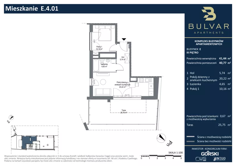 2 pokoje, apartament 40,77 m², piętro 3, oferta nr E.4.01, Bulvar Apartments, Gdańsk, Przymorze, ul. Czarny Dwór