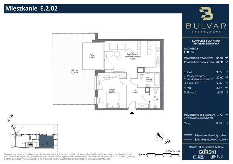 2 pokoje, apartament 62,31 m², piętro 1, oferta nr E.2.02, Bulvar Apartments, Gdańsk, Przymorze, ul. Czarny Dwór