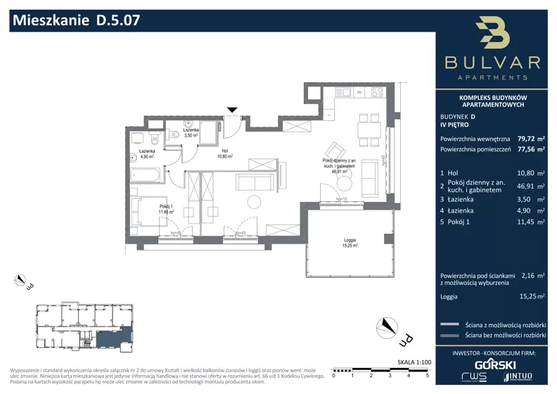 3 pokoje, apartament 77,56 m², piętro 4, oferta nr D.5.07, Bulvar Apartments, Gdańsk, Przymorze, ul. Czarny Dwór