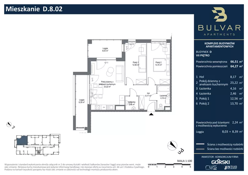 3 pokoje, apartament 64,27 m², piętro 7, oferta nr D.8.02, Bulvar Apartments, Gdańsk, Przymorze, ul. Czarny Dwór