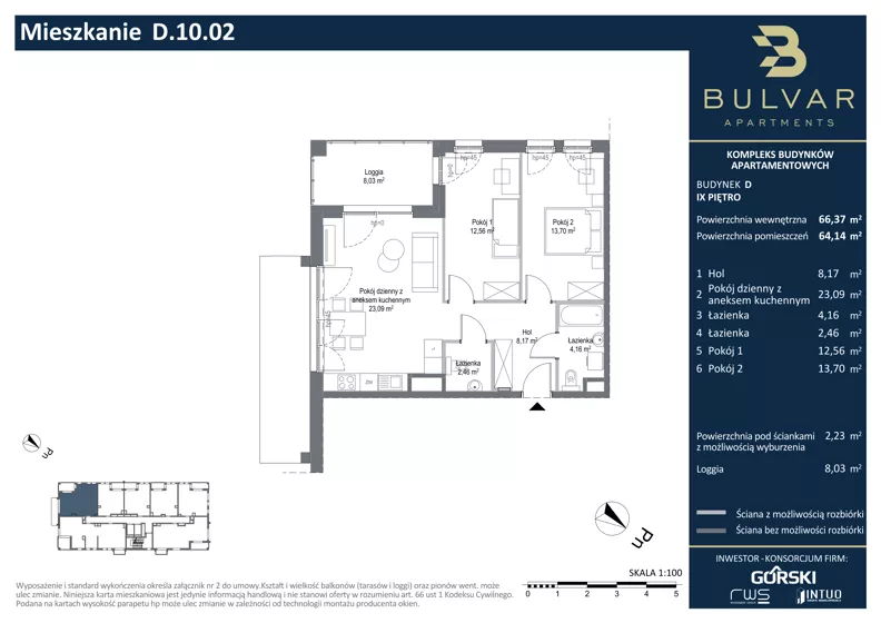 3 pokoje, apartament 64,14 m², piętro 9, oferta nr D.10.02, Bulvar Apartments, Gdańsk, Przymorze, ul. Czarny Dwór