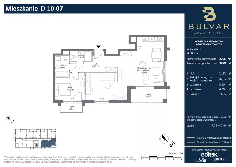 3 pokoje, apartament 78,09 m², piętro 9, oferta nr D.10.07, Bulvar Apartments, Gdańsk, Przymorze, ul. Czarny Dwór