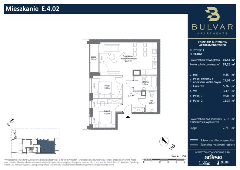 3 pokoje, apartament 67,26 m², piętro 3, oferta nr E.4.02, Bulvar Apartments, Gdańsk, Przymorze, ul. Czarny Dwór