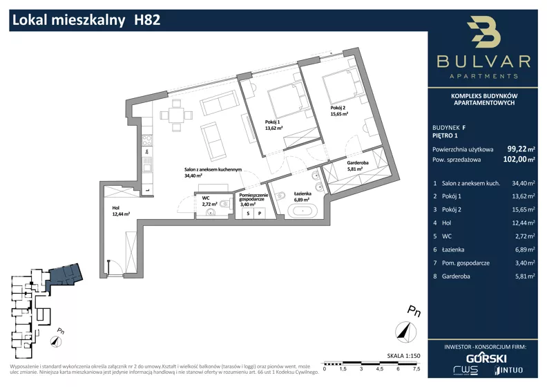 3 pokoje, mieszkanie 99,22 m², parter, oferta nr F.H82, Bulvar Apartments, Gdańsk, Przymorze, ul. Czarny Dwór