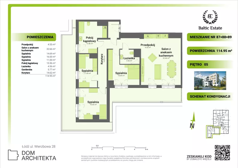 4 pokoje, mieszkanie 114,95 m², piętro 5, oferta nr 05.M.87+88+89, Dom Architekta, Łódź, Śródmieście, Śródmieście, ul. Wierzbowa 28