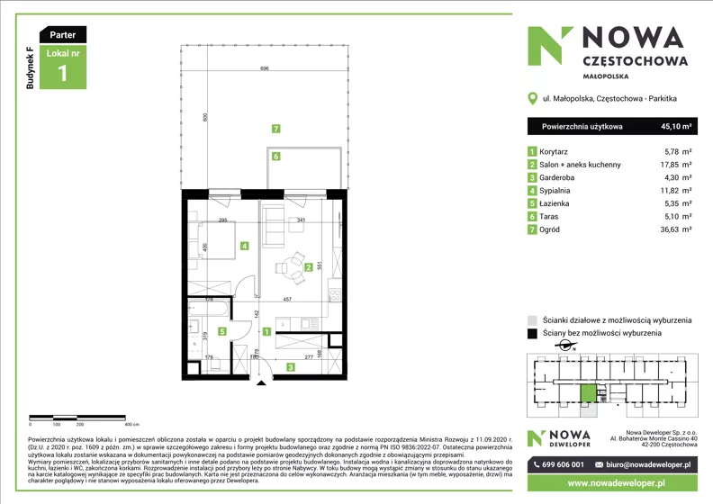 2 pokoje, mieszkanie 45,10 m², parter, oferta nr F1, Nowa Częstochowa Małopolska - etap IV, Częstochowa, Częstochówka-Parkitka, ul. Małopolska 196A