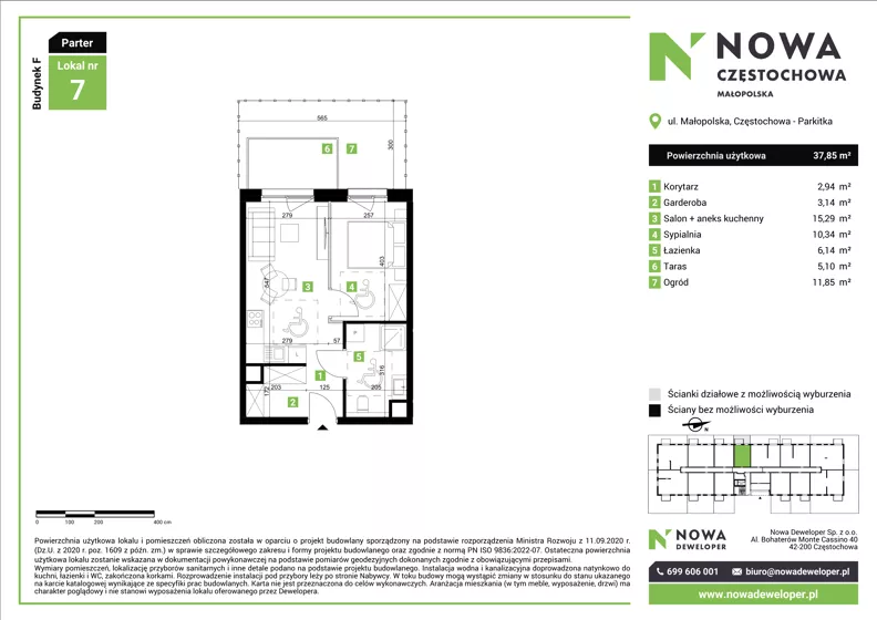 2 pokoje, mieszkanie 37,85 m², parter, oferta nr F7, Nowa Częstochowa Małopolska - etap IV, Częstochowa, Częstochówka-Parkitka, ul. Małopolska 196A