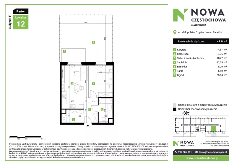 2 pokoje, mieszkanie 45,34 m², parter, oferta nr F12, Nowa Częstochowa Małopolska - etap IV, Częstochowa, Częstochówka-Parkitka, ul. Małopolska 196A