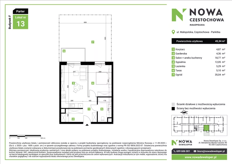 2 pokoje, mieszkanie 45,34 m², parter, oferta nr F13, Nowa Częstochowa Małopolska - etap IV, Częstochowa, Częstochówka-Parkitka, ul. Małopolska 196A