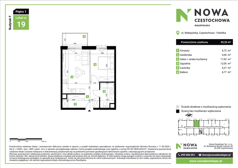 2 pokoje, mieszkanie 45,32 m², piętro 1, oferta nr F19, Nowa Częstochowa Małopolska - etap IV, Częstochowa, Częstochówka-Parkitka, ul. Małopolska 196A