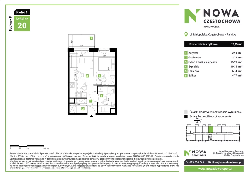 2 pokoje, mieszkanie 37,85 m², piętro 1, oferta nr F20, Nowa Częstochowa Małopolska - etap IV, Częstochowa, Częstochówka-Parkitka, ul. Małopolska 196A
