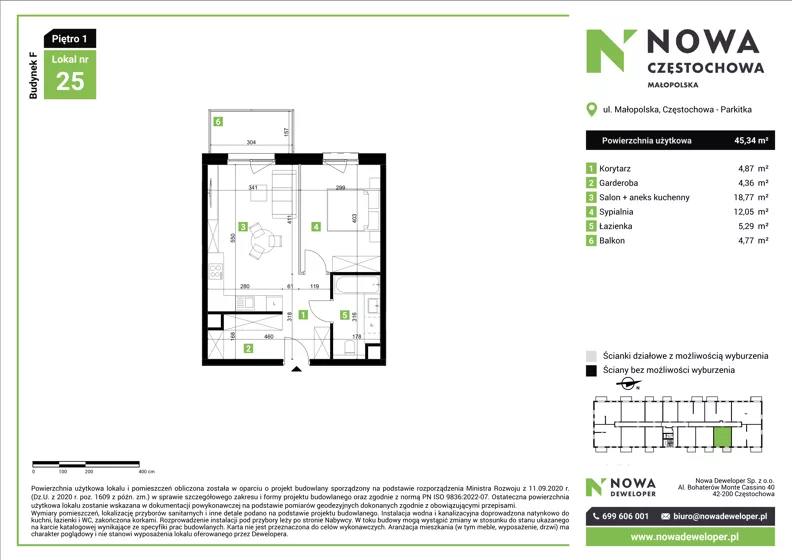 2 pokoje, mieszkanie 45,34 m², piętro 1, oferta nr F25, Nowa Częstochowa Małopolska - etap IV, Częstochowa, Częstochówka-Parkitka, ul. Małopolska 196A