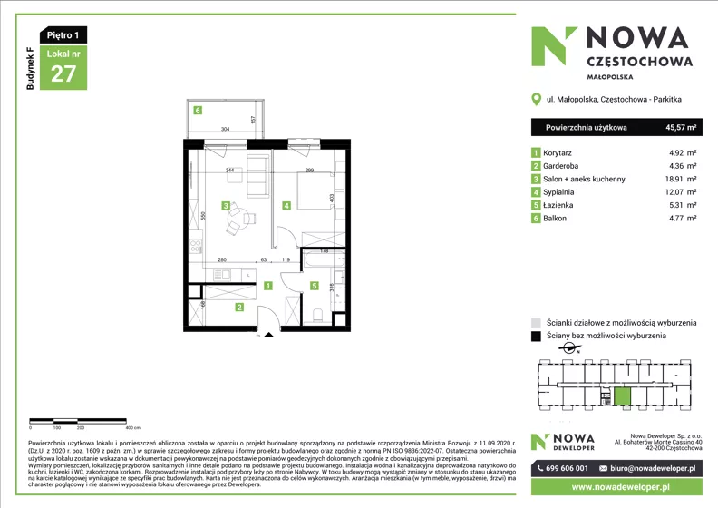 2 pokoje, mieszkanie 45,57 m², piętro 1, oferta nr F27, Nowa Częstochowa Małopolska - etap IV, Częstochowa, Częstochówka-Parkitka, ul. Małopolska 196A