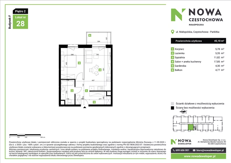 2 pokoje, mieszkanie 45,10 m², piętro 2, oferta nr F28, Nowa Częstochowa Małopolska - etap IV, Częstochowa, Częstochówka-Parkitka, ul. Małopolska 196A