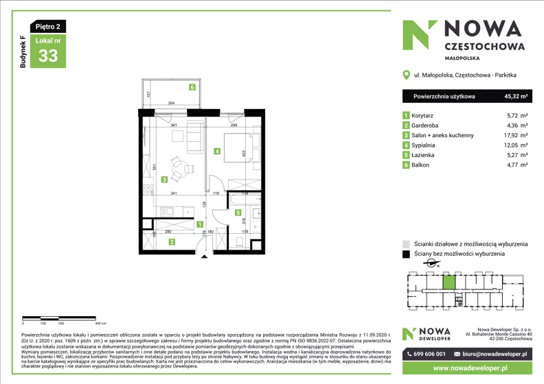 2 pokoje, mieszkanie 45,32 m², piętro 2, oferta nr F33, Nowa Częstochowa Małopolska - etap IV, Częstochowa, Częstochówka-Parkitka, ul. Małopolska 196A