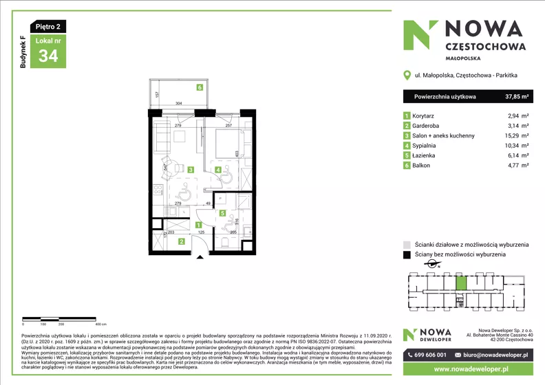 2 pokoje, mieszkanie 37,85 m², piętro 2, oferta nr F34, Nowa Częstochowa Małopolska - etap IV, Częstochowa, Częstochówka-Parkitka, ul. Małopolska 196A