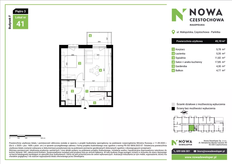 2 pokoje, mieszkanie 45,10 m², piętro 3, oferta nr F41, Nowa Częstochowa Małopolska - etap IV, Częstochowa, Częstochówka-Parkitka, ul. Małopolska 196A
