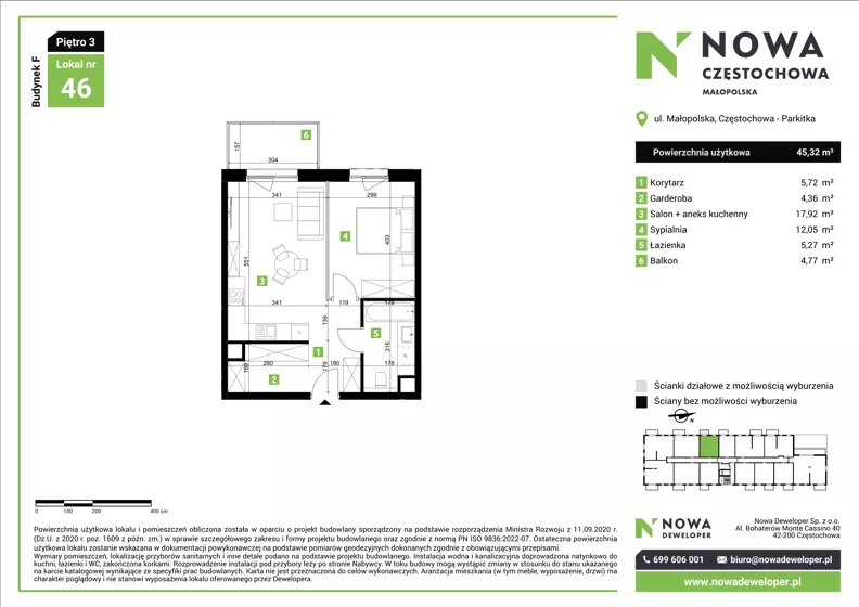 2 pokoje, mieszkanie 45,32 m², piętro 3, oferta nr F46, Nowa Częstochowa Małopolska - etap IV, Częstochowa, Częstochówka-Parkitka, ul. Małopolska 196A