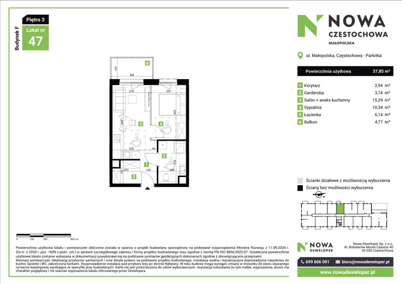 2 pokoje, mieszkanie 37,85 m², piętro 3, oferta nr F47, Nowa Częstochowa Małopolska - etap IV, Częstochowa, Częstochówka-Parkitka, ul. Małopolska 196A