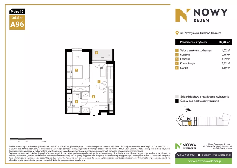 2 pokoje, mieszkanie 37,48 m², piętro 10, oferta nr A96, Nowy Reden II, Dąbrowa Górnicza, Reden, ul. Przemysłowa