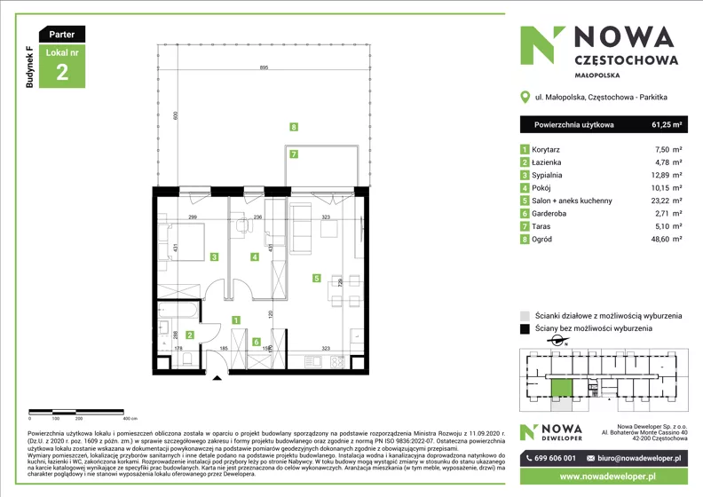 3 pokoje, mieszkanie 61,25 m², parter, oferta nr F2, Nowa Częstochowa Małopolska - etap IV, Częstochowa, Częstochówka-Parkitka, ul. Małopolska 196A
