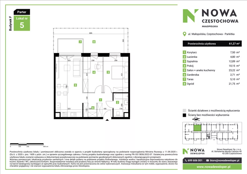3 pokoje, mieszkanie 61,27 m², parter, oferta nr F5, Nowa Częstochowa Małopolska - etap IV, Częstochowa, Częstochówka-Parkitka, ul. Małopolska 196A