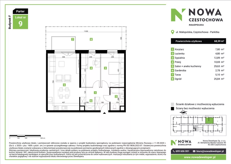 3 pokoje, mieszkanie 68,59 m², parter, oferta nr F9, Nowa Częstochowa Małopolska - etap IV, Częstochowa, Częstochówka-Parkitka, ul. Małopolska 196A