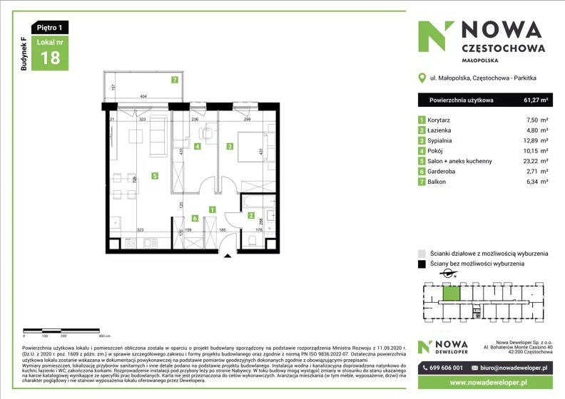 3 pokoje, mieszkanie 61,27 m², piętro 1, oferta nr F18, Nowa Częstochowa Małopolska - etap IV, Częstochowa, Częstochówka-Parkitka, ul. Małopolska 196A