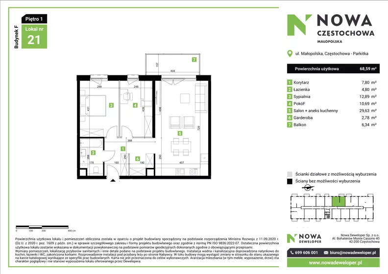 3 pokoje, mieszkanie 68,59 m², piętro 1, oferta nr F21, Nowa Częstochowa Małopolska - etap IV, Częstochowa, Częstochówka-Parkitka, ul. Małopolska 196A