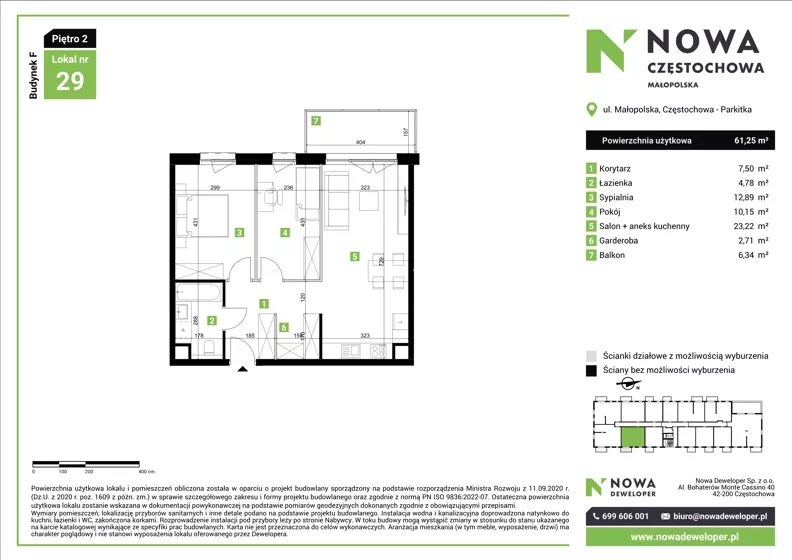 3 pokoje, mieszkanie 61,25 m², piętro 2, oferta nr F29, Nowa Częstochowa Małopolska - etap IV, Częstochowa, Częstochówka-Parkitka, ul. Małopolska 196A