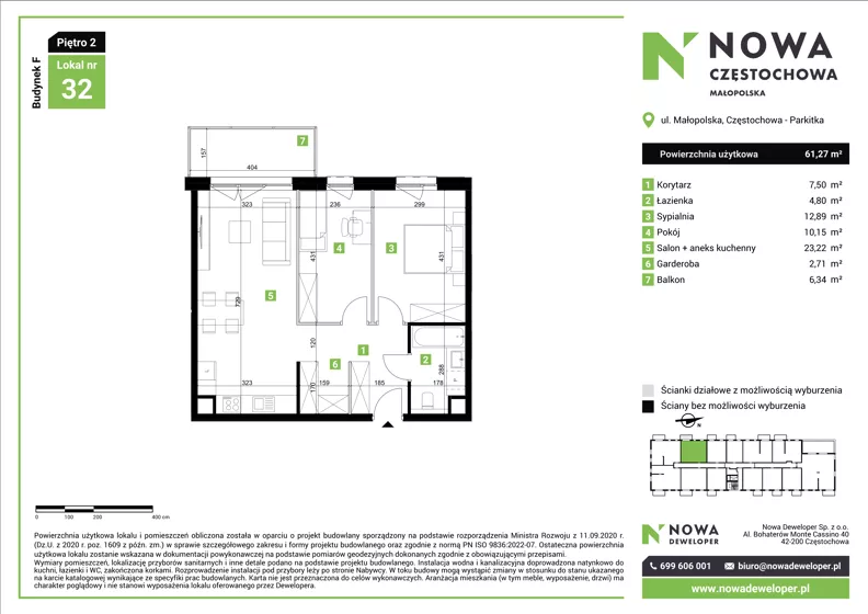 3 pokoje, mieszkanie 61,27 m², piętro 2, oferta nr F32, Nowa Częstochowa Małopolska - etap IV, Częstochowa, Częstochówka-Parkitka, ul. Małopolska 196A