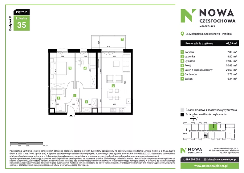 3 pokoje, mieszkanie 68,59 m², piętro 2, oferta nr F35, Nowa Częstochowa Małopolska - etap IV, Częstochowa, Częstochówka-Parkitka, ul. Małopolska 196A