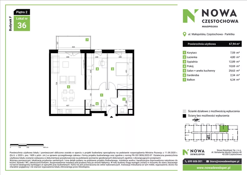 3 pokoje, mieszkanie 67,94 m², piętro 2, oferta nr F36, Nowa Częstochowa Małopolska - etap IV, Częstochowa, Częstochówka-Parkitka, ul. Małopolska 196A